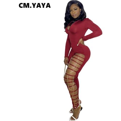 CM.YAYA Women Jumpsuit Solid Full Sleeve Hollow Out Hole Chain Stretchy Pencil Jumpsuits Sexy Night Clubwear Summer Outfits 2021