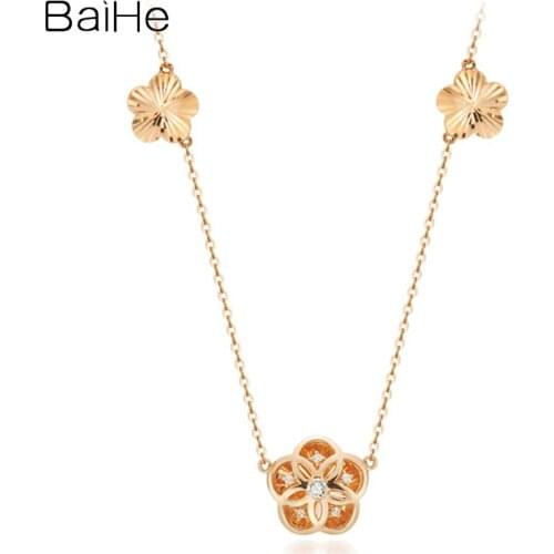 BAIHE Solid 18K Yellow Rose Gold 0.11ct Round Natural Diamond Women Party Fine Jewelry Gift Beautiful leaf diamond Necklaces