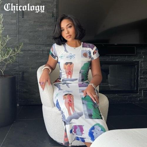 Chicology Women Summer 2021 Art Print Midi Dress Short Sleeve Loose Skinny Fashion Slit Side Round Neck Clothes Suits