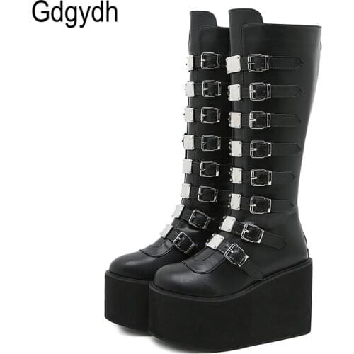 Gdgydh Brand Design Platform Motorcycle Boots Women Gothic Style Fashion Metal Buckle Knee High Boots Punk Shoes Woman Cosplay