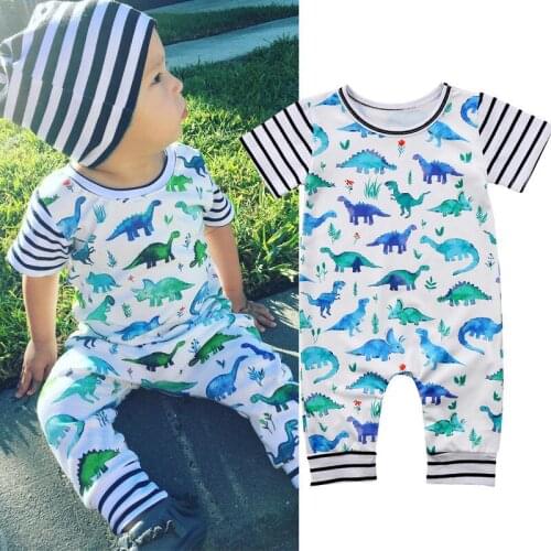 Lioraitiin 0-24M Newborn Infant Baby Boy Summer Clothing Short Sleeve Animal Printed O-Neck Cotton Striped Jumpsuit