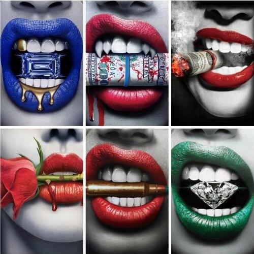 Huacan 5D Diamond Painting Cross Stitch Mouth Full Diamond Embroidery Mosaic Portrait Beaded Pictures Decoration For Home