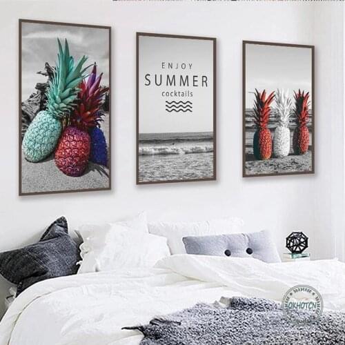 Colorful Pineapple Summer Beach View Canvas Painting Nordic Fresh Fruit Plants Picture Wall Art Poster and Print for Living Room