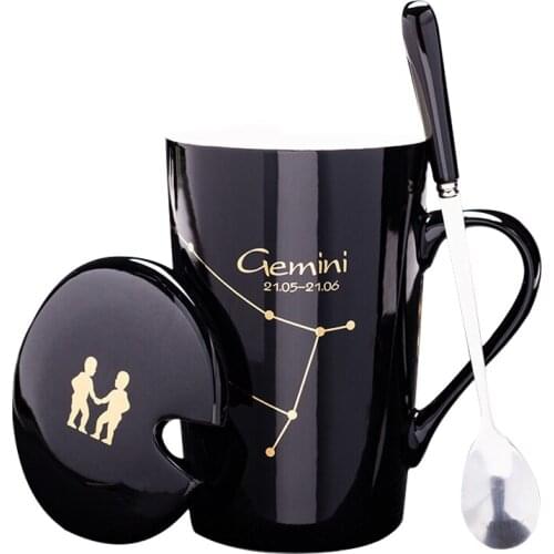 Ceramic Mugs 12 Constellations Creative Mugs with Spoon Lid Black and Gold Porcelain Zodiac Milk Coffee Cup Drinkware