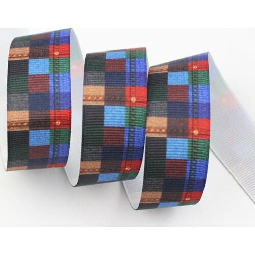 Colorful plaid dark blue denim p printed grosgrain ribbon 9-75mm DIY handmade materials christmas wedding gift wrap tape ribbons