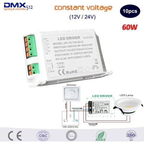 DHL Free shipping Triac Dimmable LED Driver Constant Voltage(DC12V/DC24V) 60W LED Power Supply