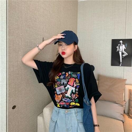 Summer college style cartoon print half-sleeved mid-length loose cotton T-shirt all-match casual women
