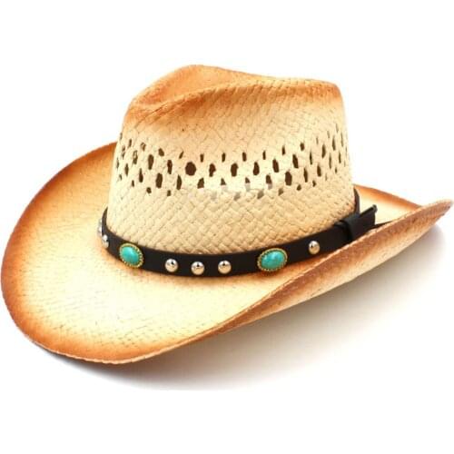 Fashion Women Men Western Cowboy Hat With Punk Leather Band Straw Lady Dad Sun Sombrero Cap Mesh Cowgirl Jazz Hat Size 58CM