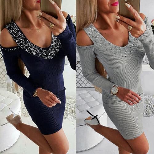 2021 Casual Womens Dress Slim Sequins Long Sleeve Womens Sexy Mini Off Shoulder Party Office Dresses V-neck Elastic Fashion