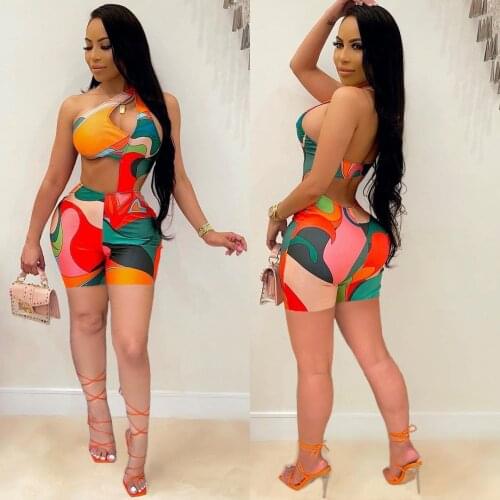 Sexy Cut Out Color Block Playsuit Overalls for Women Fashion Streetwear Colorful One Shoulder Shorts Slim Club Jumpsuit Women
