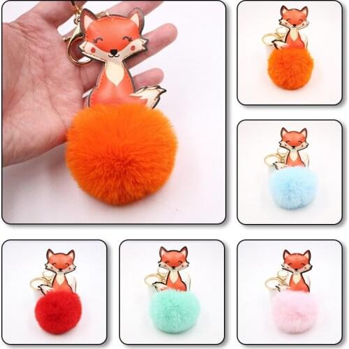 Cute Fox Fluffy Fur Ball Pendant Keychains Key Rings For Women Cute Car Acrylic Keyring Holder Charm Pompom Bag Couple Bag Gifts