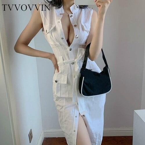 TVVOVVIN New Casual Single-breasted Stand Neck Fashion Solid Color Lace-up Sexy Sleeveless Tank Vest Dress Plus Size UARH
