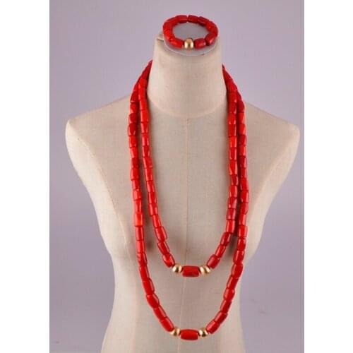 Gorgeous red 2 rows long coral beads jewelry set for men and women