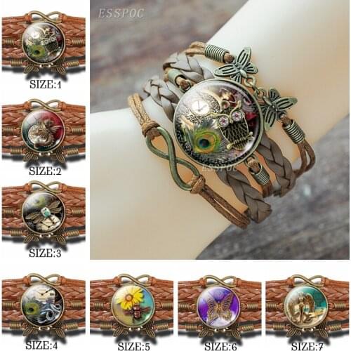 Women Vintage Brown Multi-layer Leather Bracelet Owl Locked Cabochon Glass Infinity Copper Bracelet Gift for Female Friends