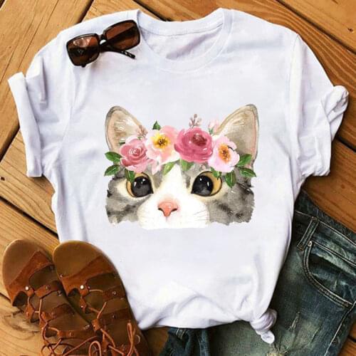 Womens T-shirt Cartoon Cat Print Graphic T-shirt Casual Short Sleeve Cute Top T-shirt Camisetas Mujer Female