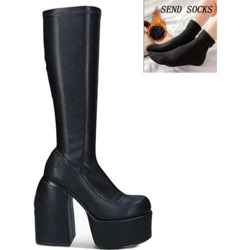 Punk Style Autumn Winter Boots Elastic Microfiber Shoes Woman Ankle Boots High Heels Black Leather Boot Platform Shoes For Women