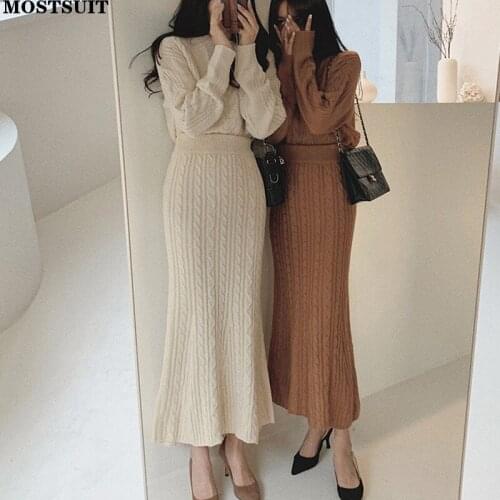 Solid Elegant Knitted Skirt Set Women 2021 Winter O-neck Sweater + High Waist Mermaid Skirt Vintage Chic Female Two Piece Set