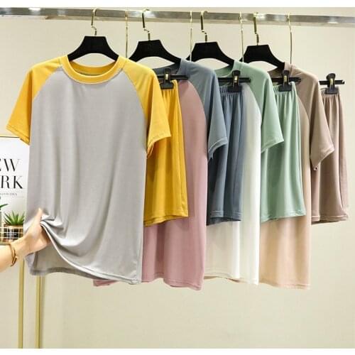 Women Pajama Set Summer Loose Sleepwear Patchwork Pyjamas Casual Nightgown Homewear T shirt Shorts Sets Lingerie Pajama Pants