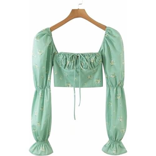 YENKYE Fashion Women Floral Print Crop Top Sexy Collar Long Sleeve Holiday Boho Blouse Ladies Chic Tops Summer Blusas