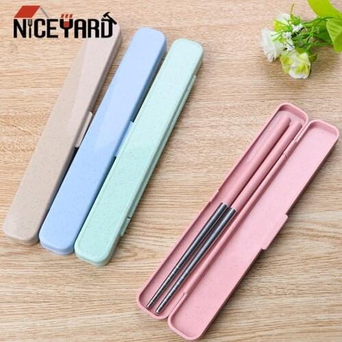 NICEYARD 1 Pair 304 Stainless Steel Chinese Chopsticks Portable Travel Chopsticks Food Sticks with Wheat Straw Storage Box