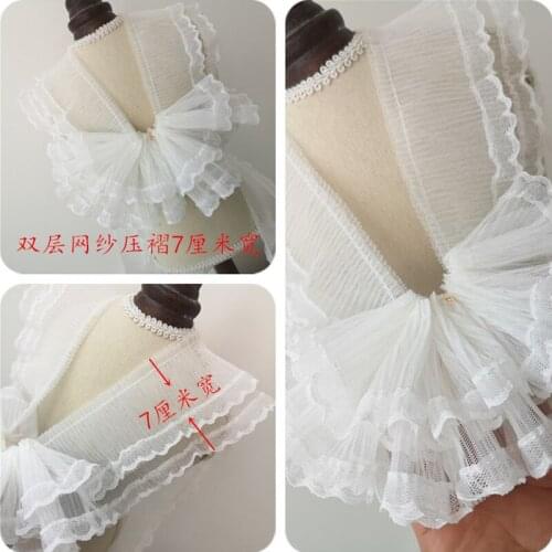 20Yds White Two Layer Pleated Chiffon Beautiful Lace Ribbon Fabric DIY Handmade Wedding Dress Skirt Clothes Hat Making Doll Trim