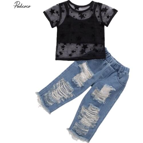 2020 Fashion 2-7Y Baby Girl 3pcs Mesh Short Sleeve Stars T-shirt+Black Vest+Ripped Denim Pants Deep V Design Summer Kid Clothing