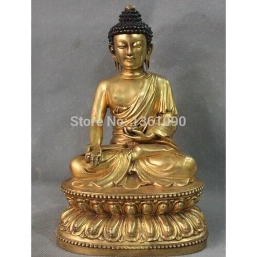 FREE SHIPPING 00701 9" Tibet Buddhism Purple Bronze 24K Gold Gilt Shakyamuni Amitabha Buddha Statue