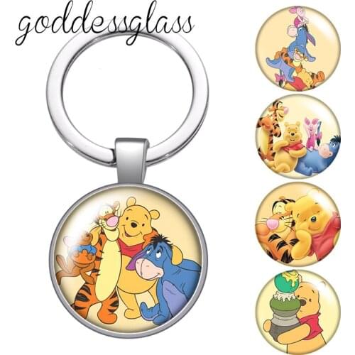 Disney Winnie Pooh and Friends Piglet Tigger eeyore glass cabochon keychain Bag Car key chain Ring Holder Charms keychains gift