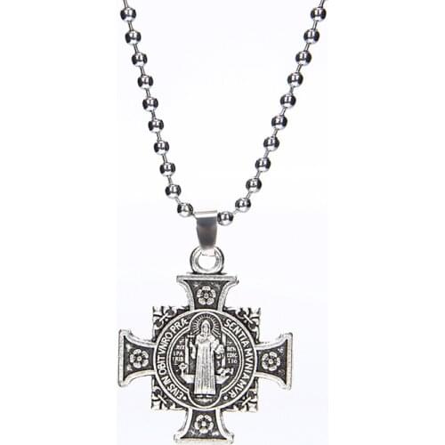 Cross San Benito Medal Cross Jesus Pendant Stainless Steel Saint Benedict Link Chain Necklaces for Women Men Religious Jewelry