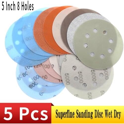 5PCS 5 Inch 8-Hole Superfine Sanding Disc Soft Waterproof Sandpaper 600 to 5000 Grit for Wet Dry Automotive Paint Sanding Disc