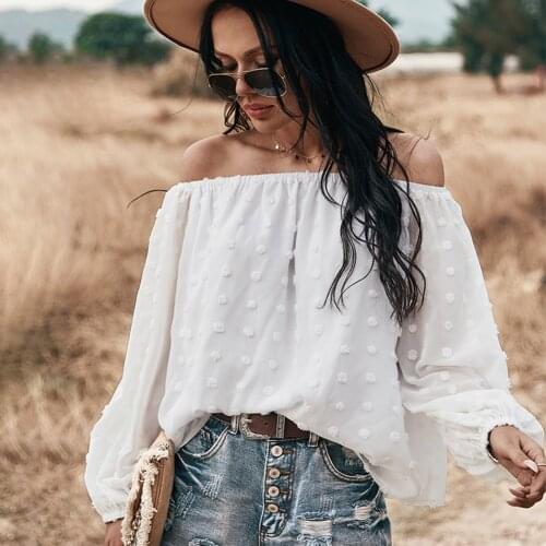 Women"s Chiffon Blouse Off Shoulder Swiss Dot Long Sleeves Tunic Top with Elastic Cuff d88