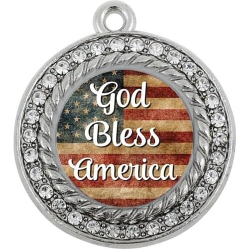 GOD BLESS AMERICA CIRCLE CHARM ANTIQUE SILVER PLATED JEWELRY
