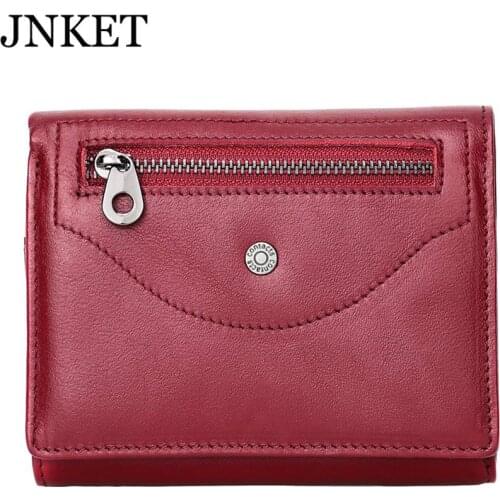 JNKET New Fashion Women Short Wallet Cow Leather Three Fold Zipper Wallet Coins Purse Bag Card Holder Wallet