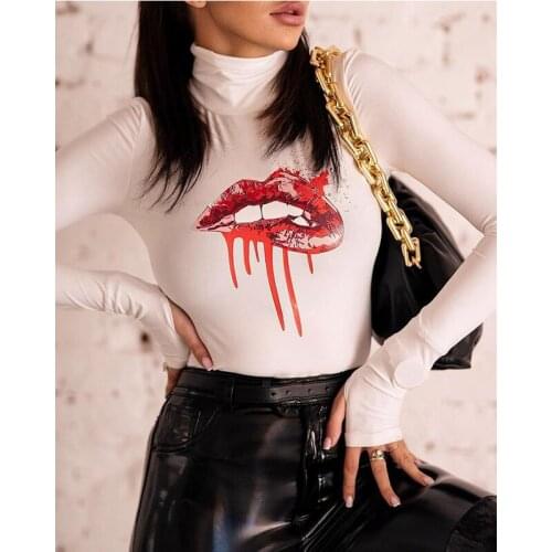 Clubwear 2021 Spring Long Sleeve Red Lip Print Fashion Bodysuits Women Skinny Bodycon Turtleneck Black White Bodysuit Streetwear