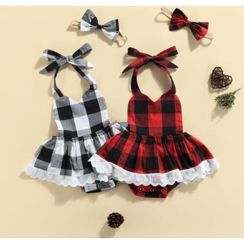 Newborn Baby Girl Jumpsuit Clothes Plaid Sleeveless Ruffle Romper Dress Headband 2Pcs Outfits Cotton Clothes Set