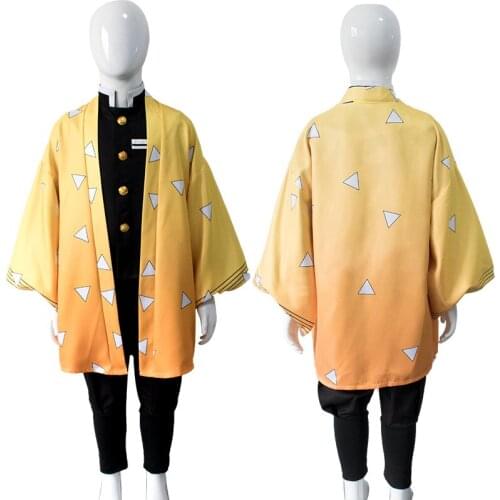 Anime Demon Slayer Kimetsu No Yaiba Agatsuma Zenitsu Cosplay Costume Halloween Party Adult Kids Kimono Sets Wig Role Play C90C36