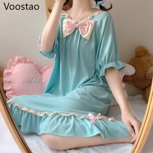 Sweet Lolita Princess Dress Summer Women Cute Bow Ruffles Short Sleeve Sleepwear Girls Casual Nightgowns Homewear Female Pyjamas