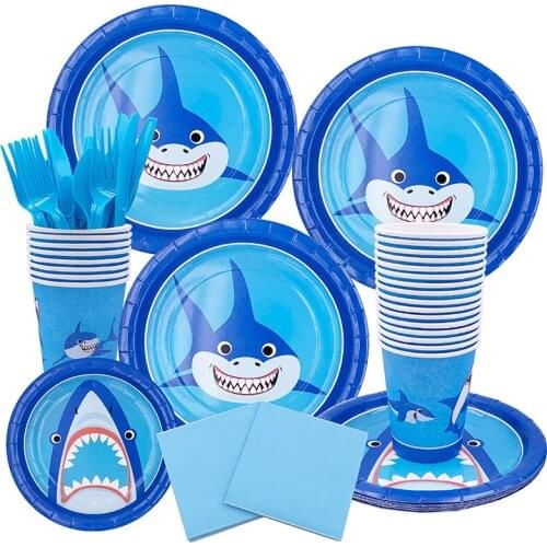 Cartoon Shark Theme Party Decoration Disposable Tableware Paper Cup Plate Baby Shower Balloons Kids Birthday Party Supplies LK04