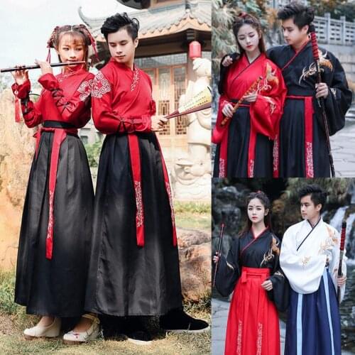 New Year Adult Men Women Ancient Chinese National Costumes Hanfu Festival Stage Performance Folk Dance Dress Embroidery Outfit