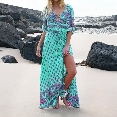 Fashion Spring Summer Long Bohemian Beach Dress Women Half Sleeve Vintage Retro Floral Maxi Dresses Vestidos Mujer Sundress