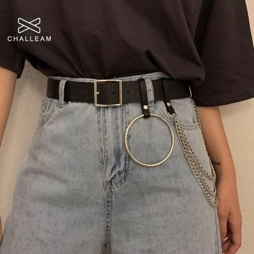 Fashion Female Trouser Punk Belts For Women Unisex Hip Hop Jeans Square Buckle Rock Black Pu Leather Belts With Chain Ring 299