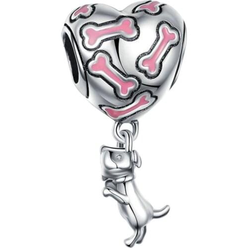 Pink Glaze Bone Heart Hot Air Balloon Dog Dangle Fit Pan Charms Bracelet Cute Puppy Beads DIY Jewelry for Women Pendant Kid Gift