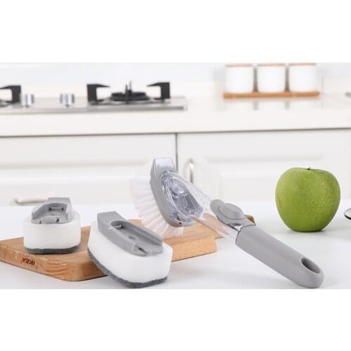 Automatic Liquid Adding Long Handle Pot Brush Cleaning Dishes Sponge Washing Pot Brush Household Kitchen Sink Scrubber