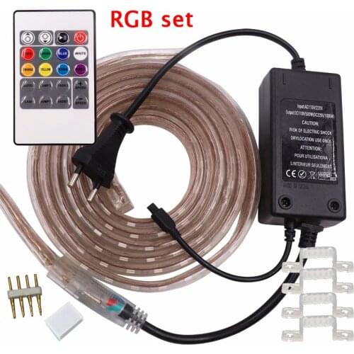 220V RGB LED Strip Light 5050 60LEDs/m Remote Control Flexible LED Tape Lights Waterproof Flex Ribbon Home Decoration Colorful