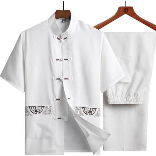 Traditional Chinese Clothing Set for Men Adult Tai Chi Kung Fu Uniforms Linen Short Sleeve Embroidery Casual Chinese Costumes