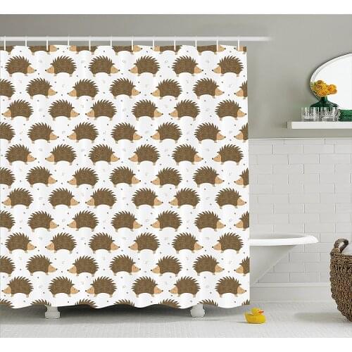 Hedgehog Shower Curtain Cartoon Style Porcupine Mascots with Tiny Little Swirls and Leaves Waterproof Polyester Bath Curtains