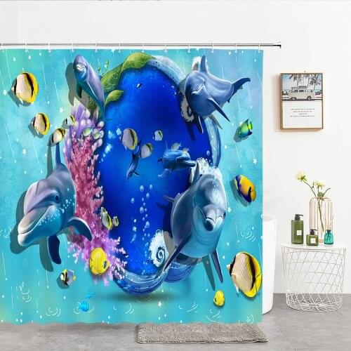 3D Shower Curtains Ocean Dolphin Sea World Animal Waterproof Fabric Bathroom Shower Curtain Cute Fishes large Size 240X180CM