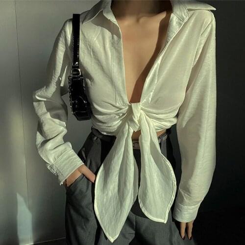 Women Plunge Neckline Tie Waist Crinkle Taffetta Peplum Blouse With Bow Detail A044