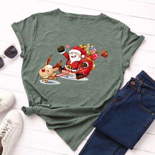 Santas Elk Printed 100% Cotton Short-sleeved Women T-shirt Casual Female T Shirt Women Christmas Top Camisetas Mujer