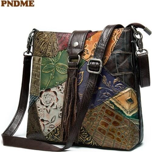 Fashion national style designer hand stitching genuine leather ladies shoulder bag casual cowhide womens tassel messenger bag